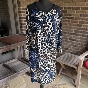 Calvin Klein Blue Black Tan Animal Print Long Sleeve Dress XL